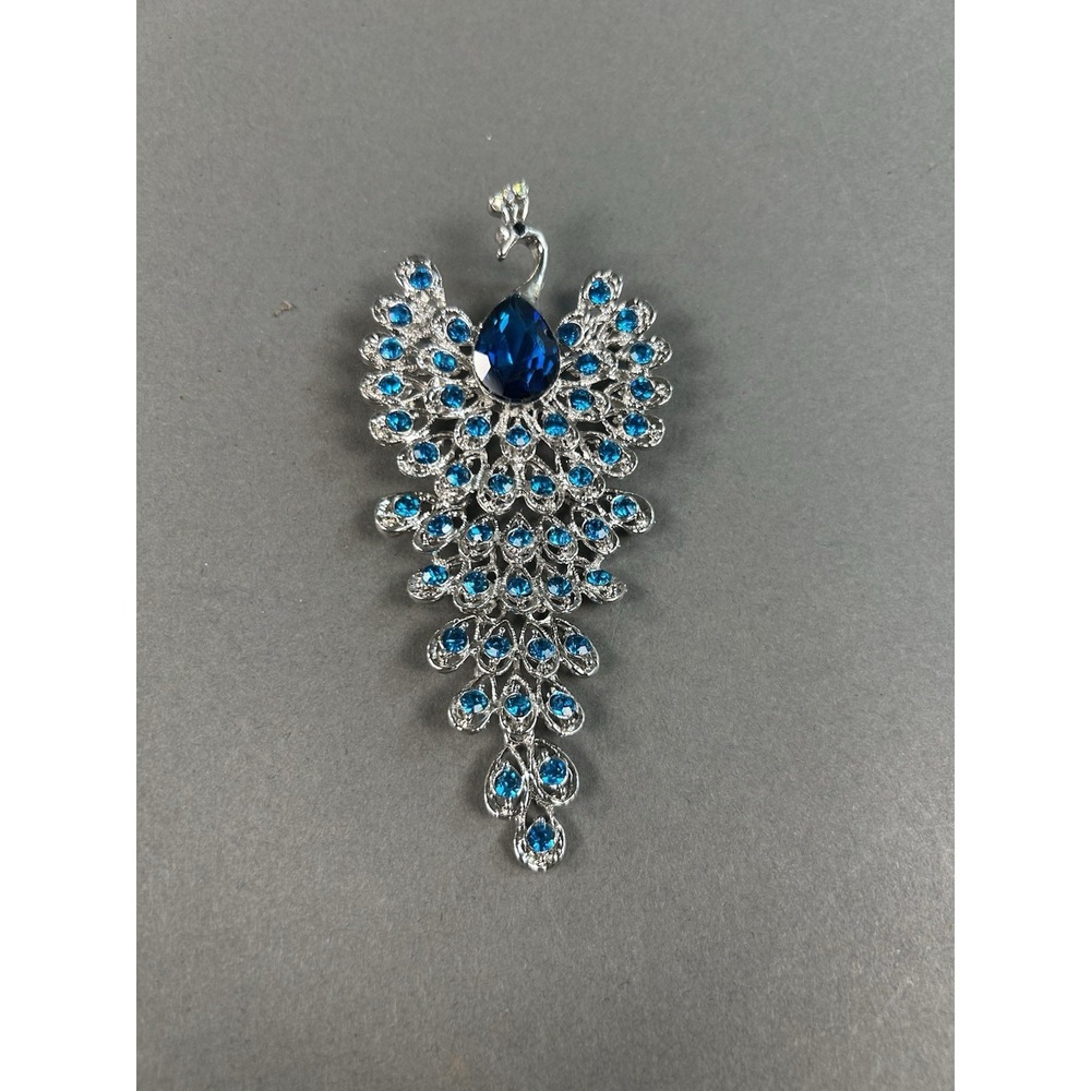 Vintage Peacock Brooch Blue Rhinestone Silver Tone‎ Bird Pin Large 4"